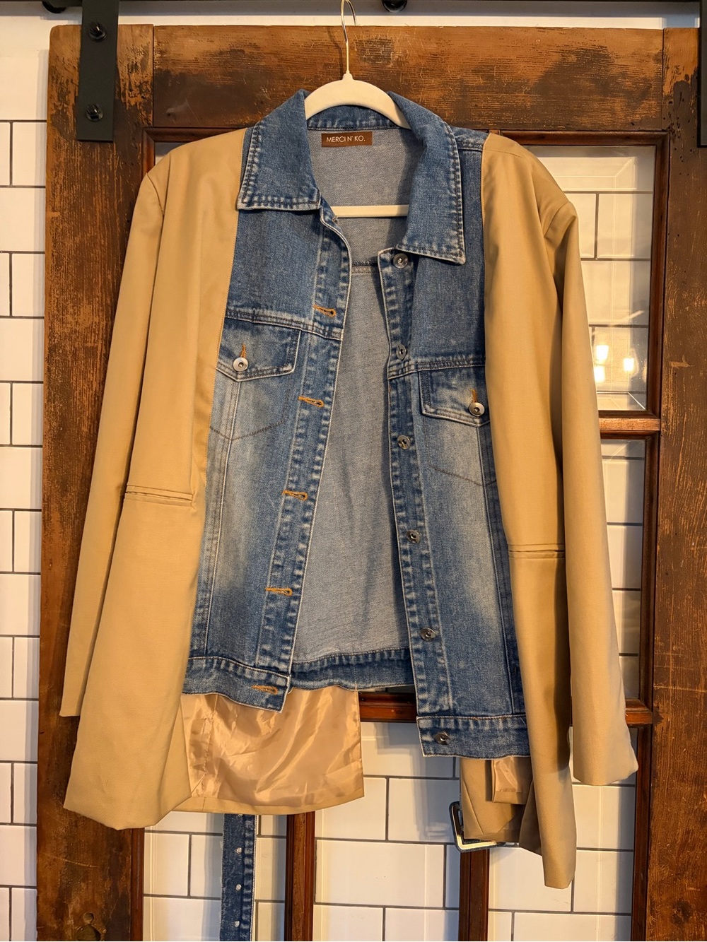 Two-Tone Denim & Tan Jacket - Women's Layered Jean Jacket